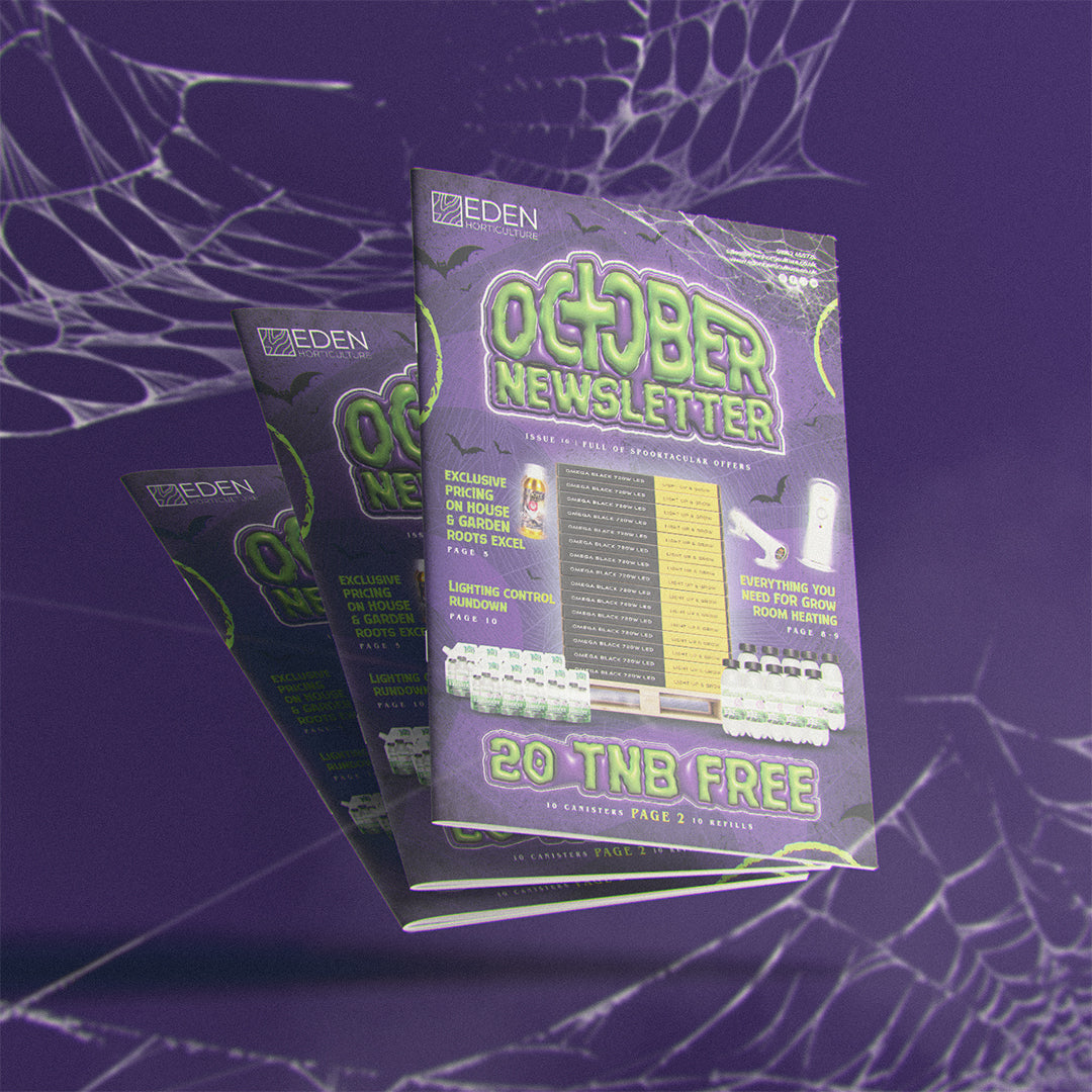 Eden Horticulture October Newsletter fanned out on a purple Halloween spiderweb background, featuring "20 TNB FREE" and grow-room heating offers.