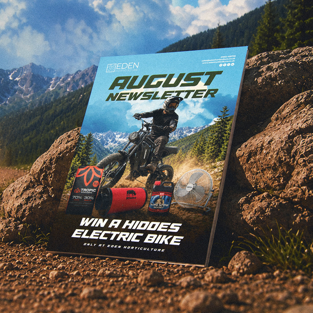 Eden's August Newsletter propped against large rocks in a mountain setting. Win a Hidoes Electric Bike.