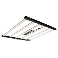 Black frame LED grow light with visible LED strips and power cord connection.