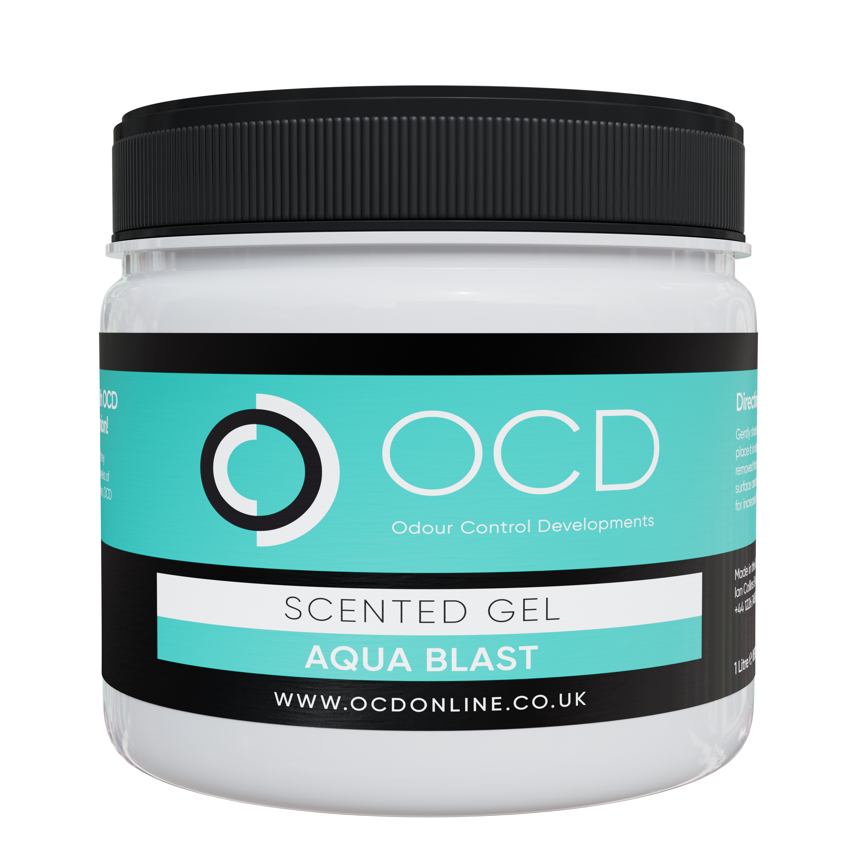Black-lidded scented gel jar, Aqua Blast label on teal