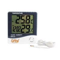 Digital indoor hygrometer with temperature/humidity display and white probe wire, blue case.