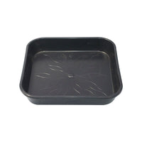 Square pot saucer, dark matte plastic tray with raised pattern on base
