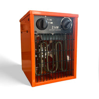 Greenhouse heater with 2 kW control panel and metal safety grille, orange housing
