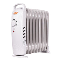 Oil-filled radiator heater with vertical fins and front power controls, white finish