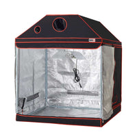 Grow tent top view with silver-lined interior, circular ports, and hanging cord