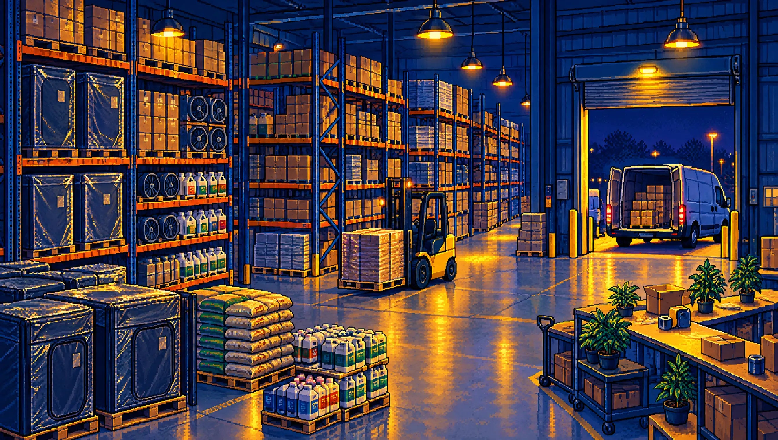 All’interno del magazzino Eden a Telford: scaffalature, pallet di merce e un furgone alla banchina di carico