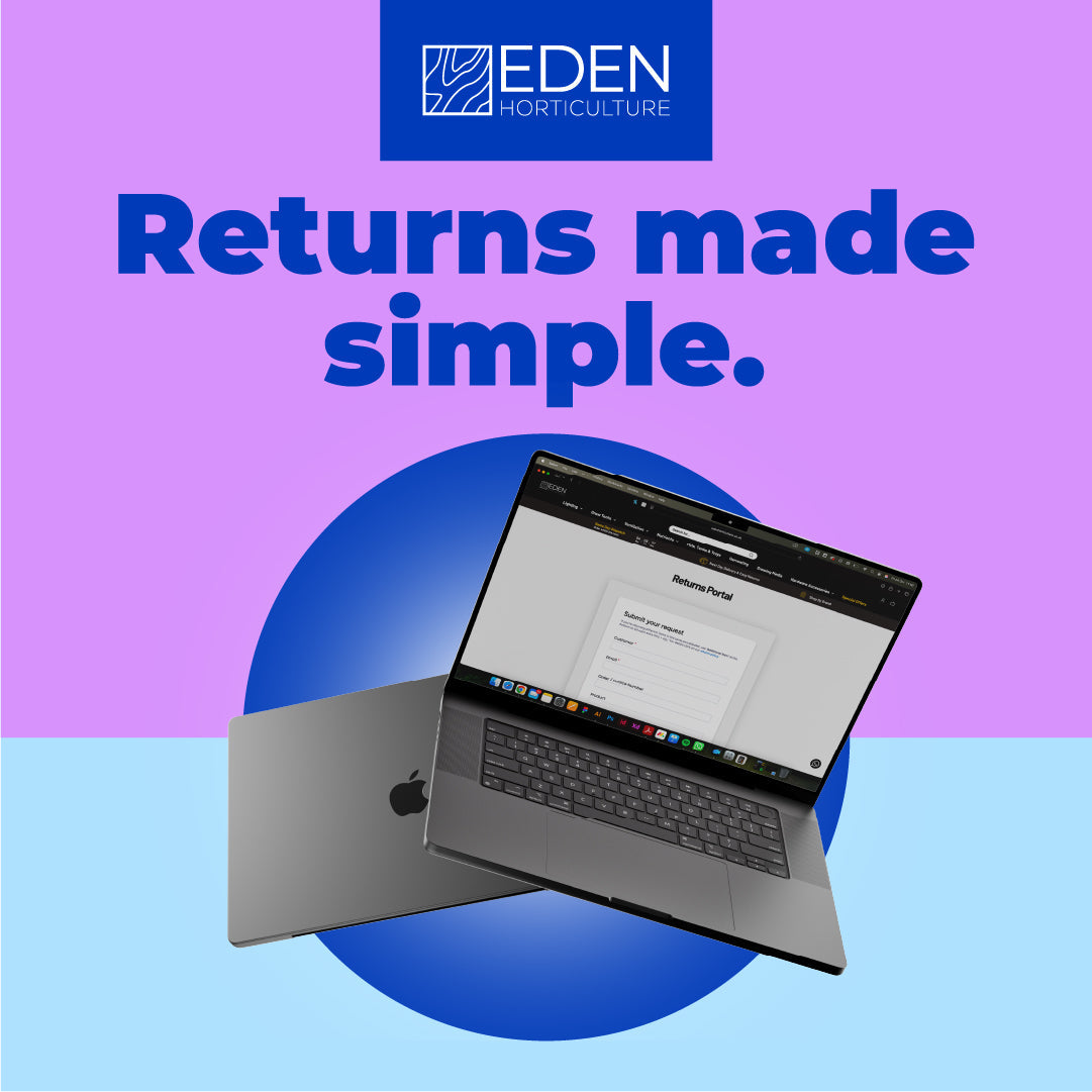 Open laptop showing our Returns Portal with 'Returns made simple.' text.