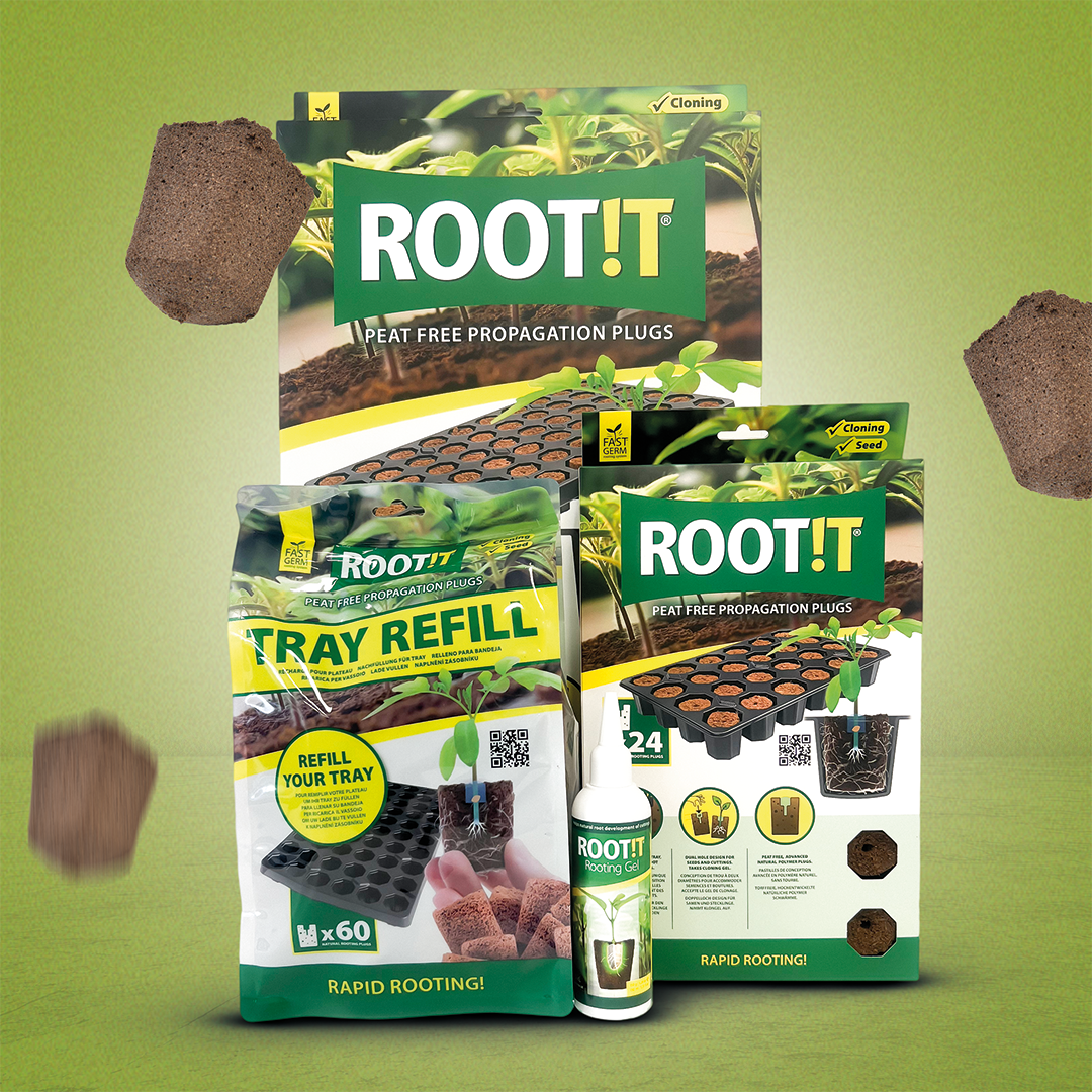 ROOT!T Products on a Green Background.