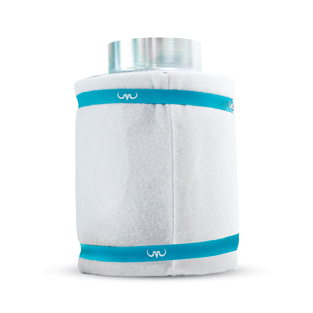 White cylindrical filter roll with blue sealing bands