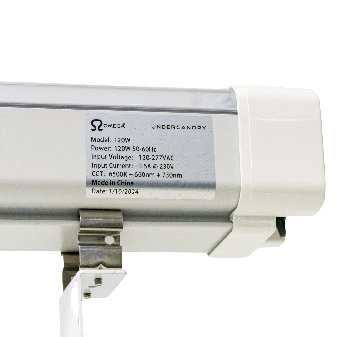White undercanopy LED light bar with specification label on the housing