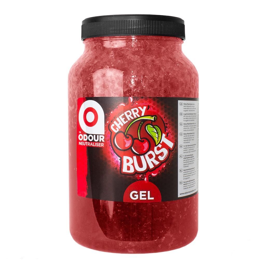 Odour neutraliser gel jar, red gel with “Cherry Burs” front label and “GEL”