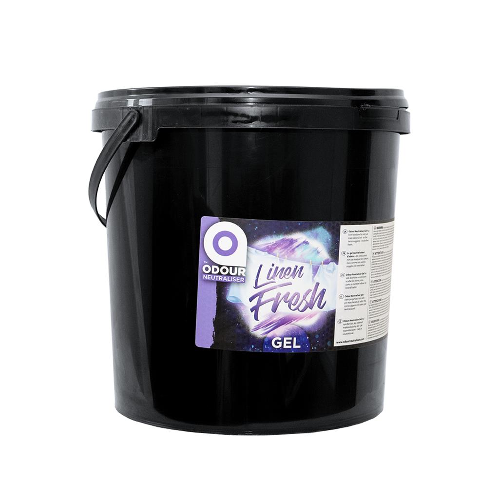 Odour neutraliser gel bucket, black container with front “Linens Fresh” gel label