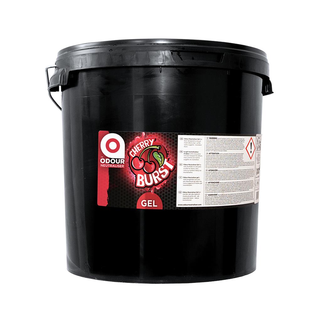 Odour neutraliser gel bucket, black container with front “Cherry Burs” label