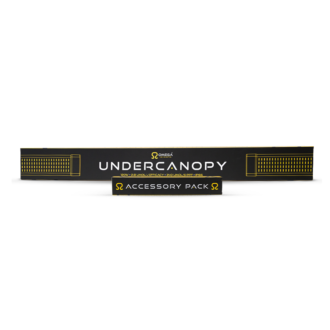 Undercanopy LED light bar with black/yellow panel and accessory pack label