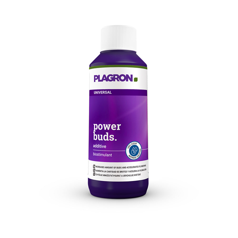 Plagron universal power buds additive bottle, side view with label and seal badge