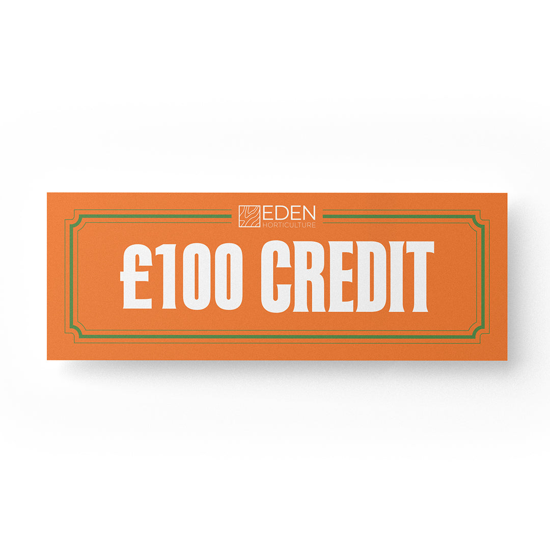 Eden £100 account credit voucher card, orange with logo and “£100 CREDIT”