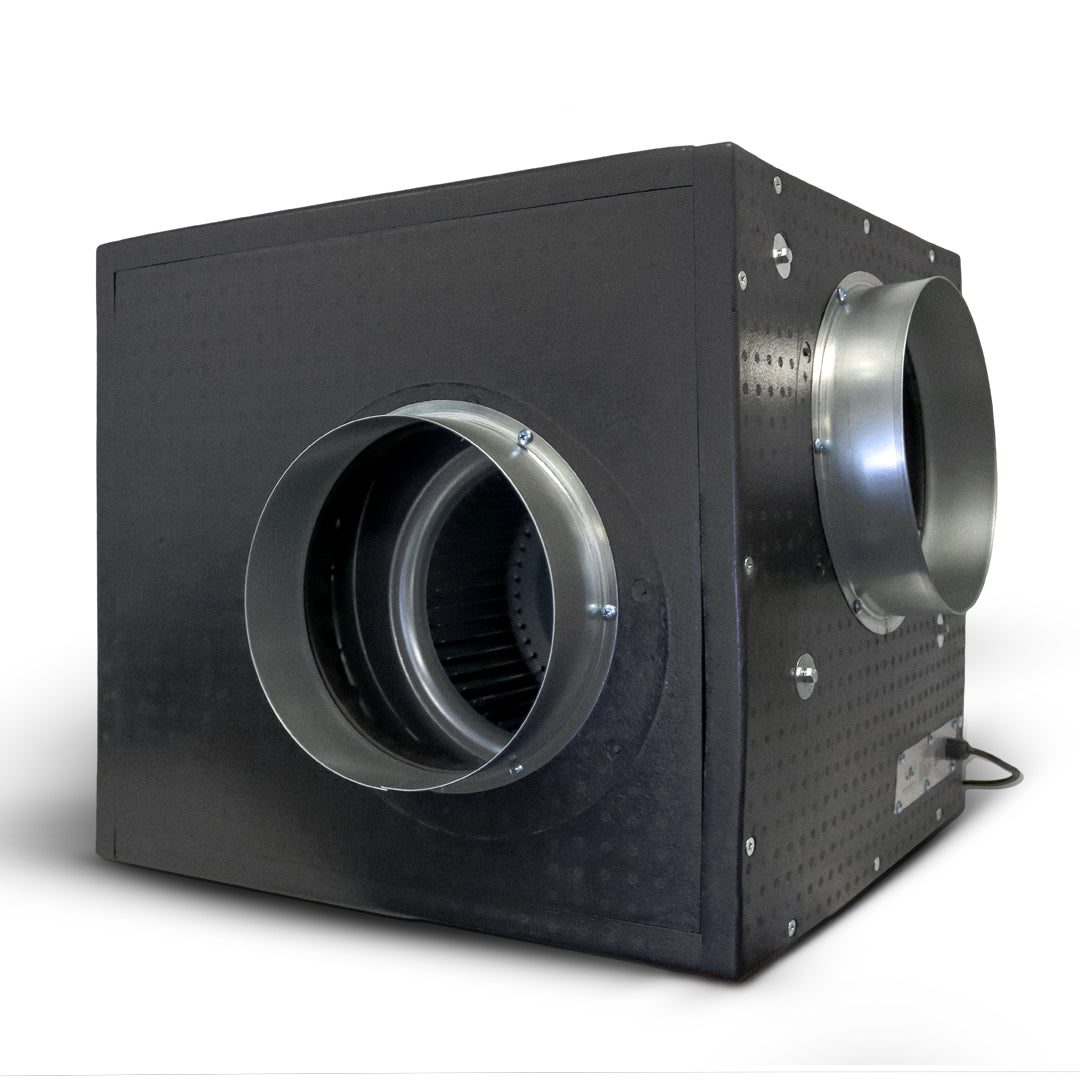 Black foam box fan with round intake port and side silver metal duct opening
