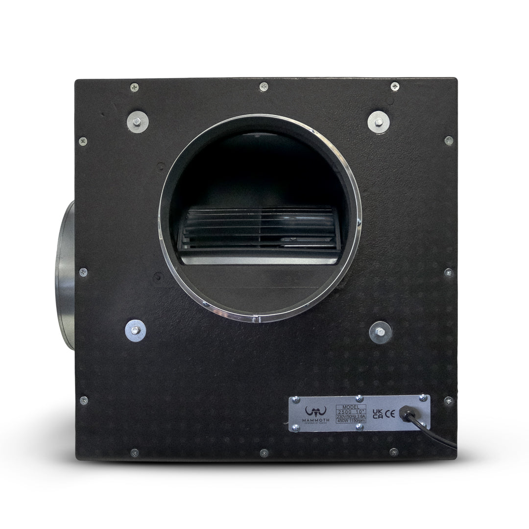 Black foam box fan front view with circular opening, metal fan grill, and control label