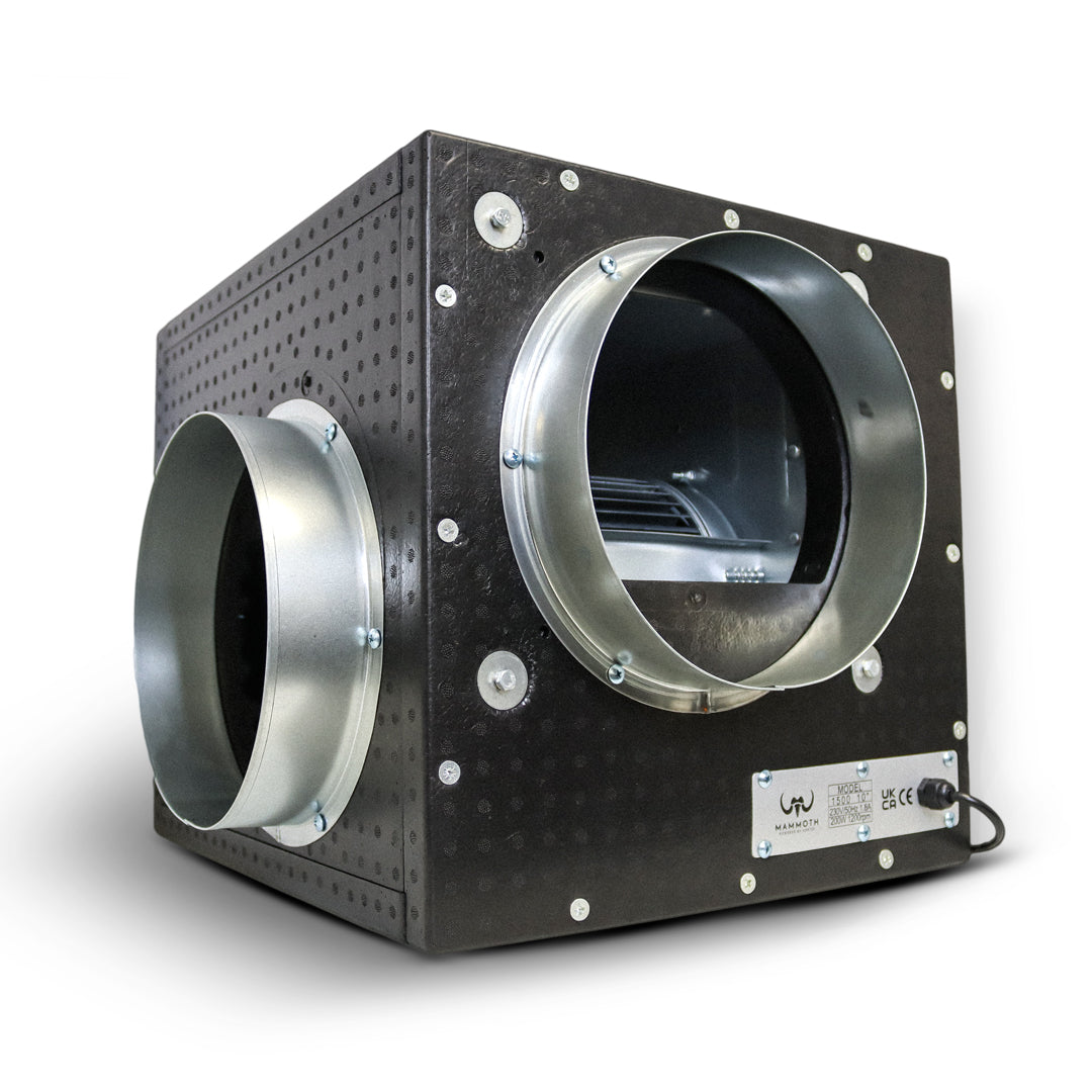 Black foam box fan with two round silver duct openings and visible internal fan grill