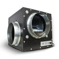 Black foam box fan with two round silver duct openings and visible internal fan grill