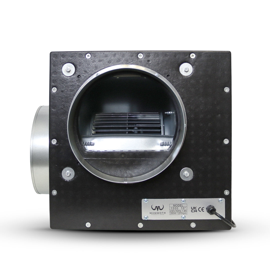 Black foam box fan with circular front intake ring and visible internal fan blades