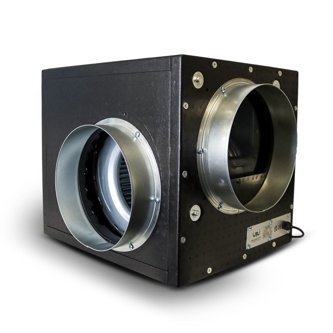Black foam box fan with left and right round intake ports and silver metal housings