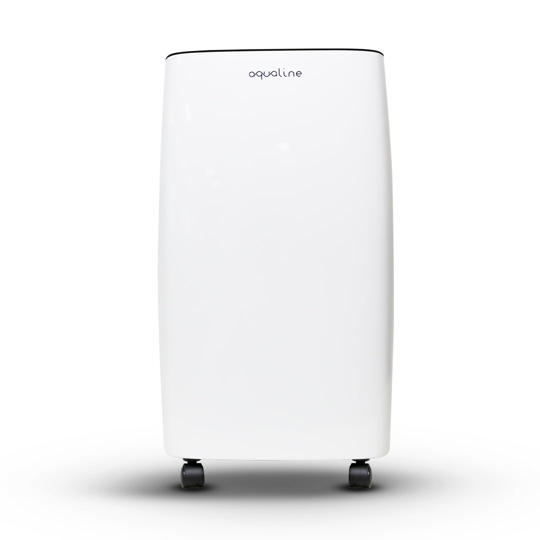 Aqualine 12L dehumidifier, white tower unit with caster wheels
