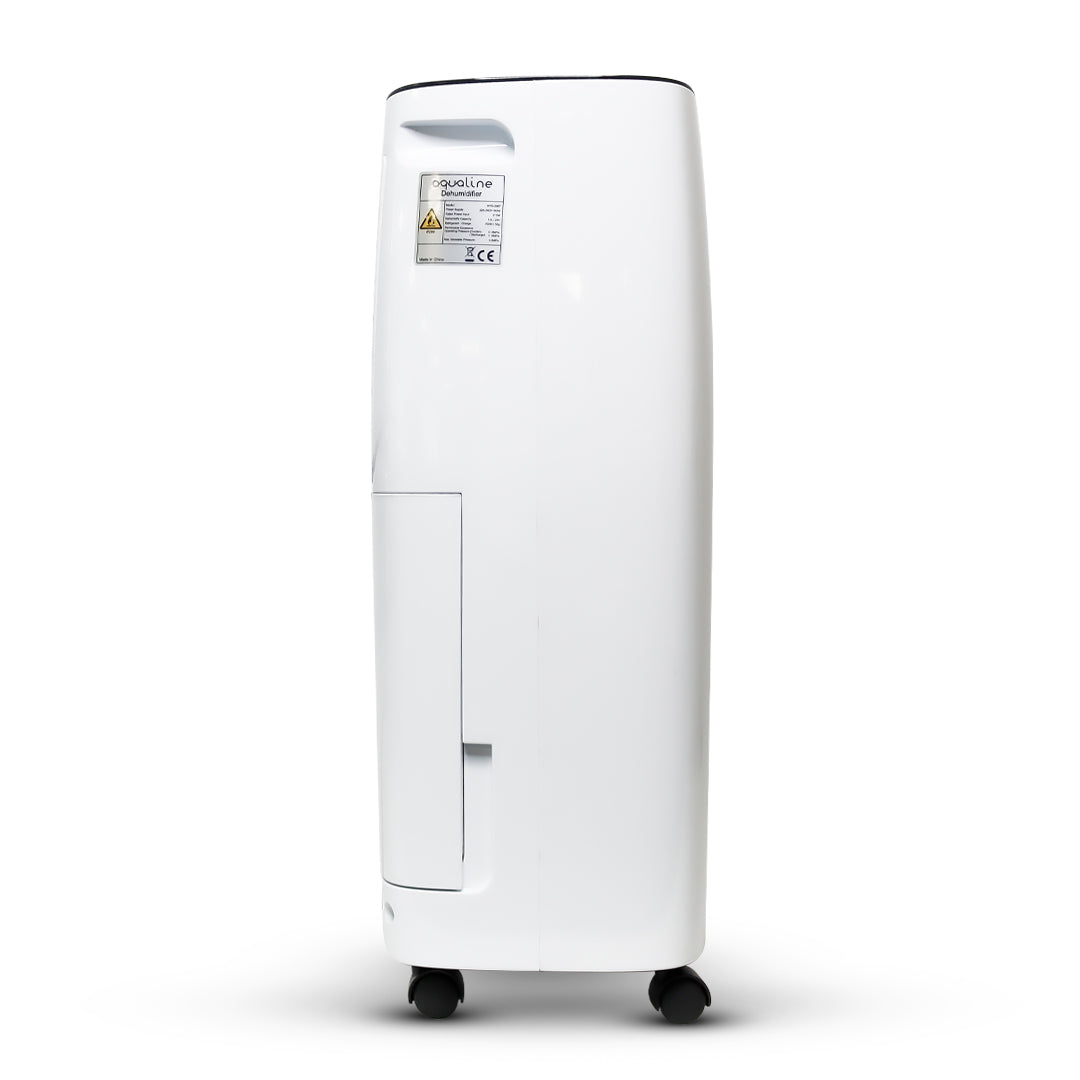 Aqualine 12L dehumidifier, rear side with handle and warning label panel