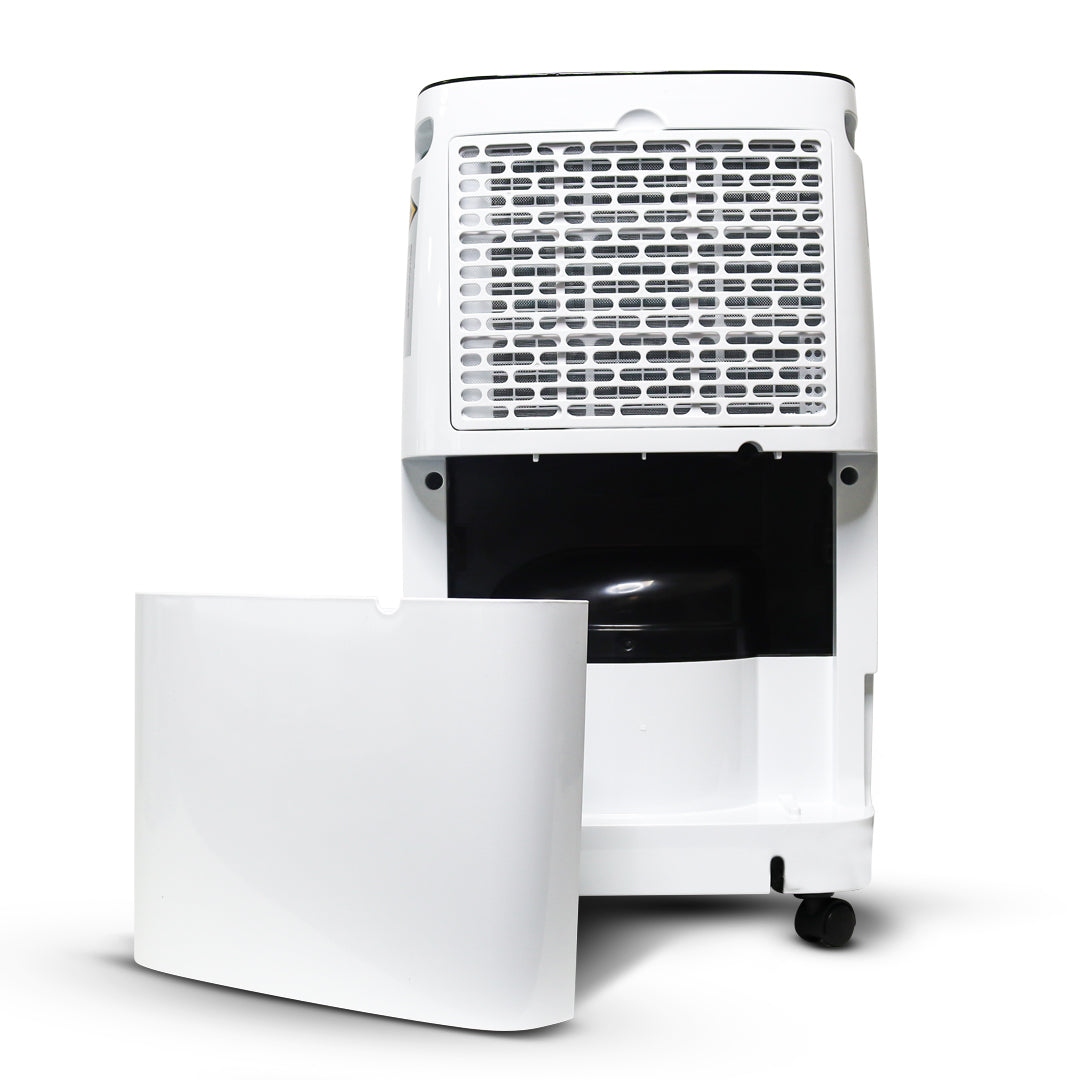 Aqualine 12L dehumidifier with front tank pulled out on caster base