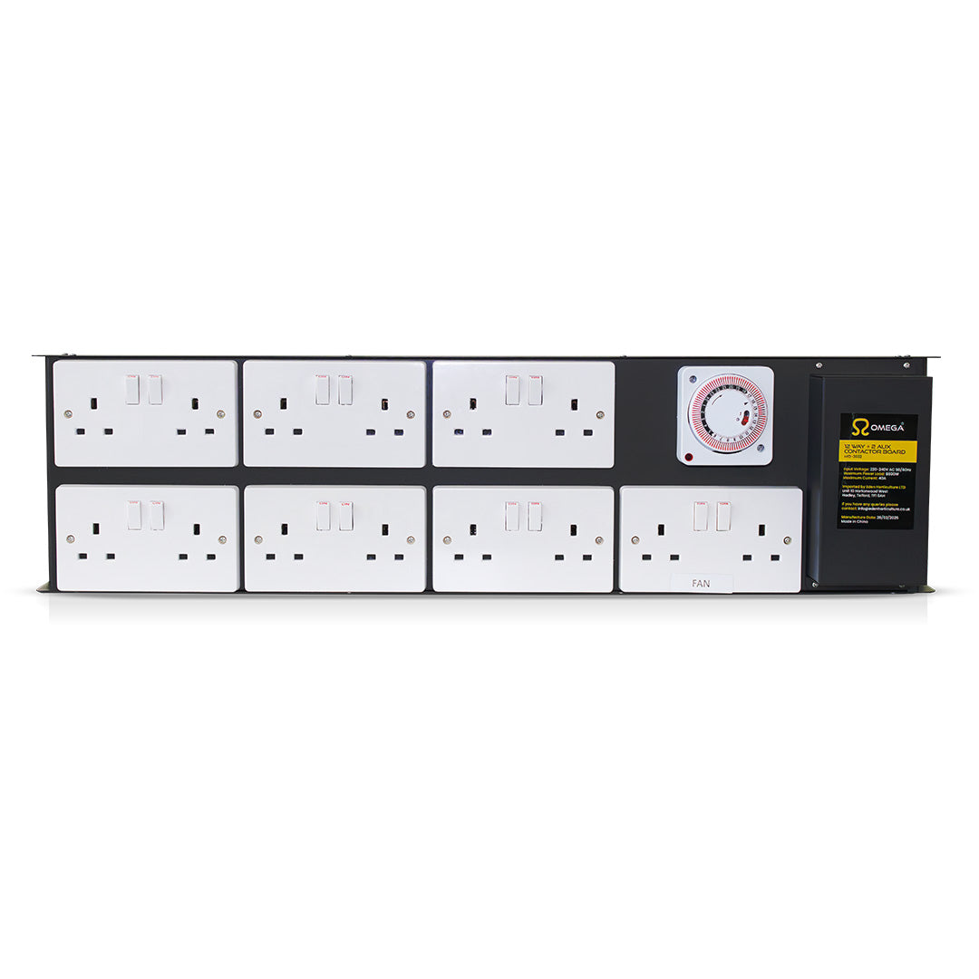 Omega contactor board with 12 power outlets, rotary timer dial, AUX module