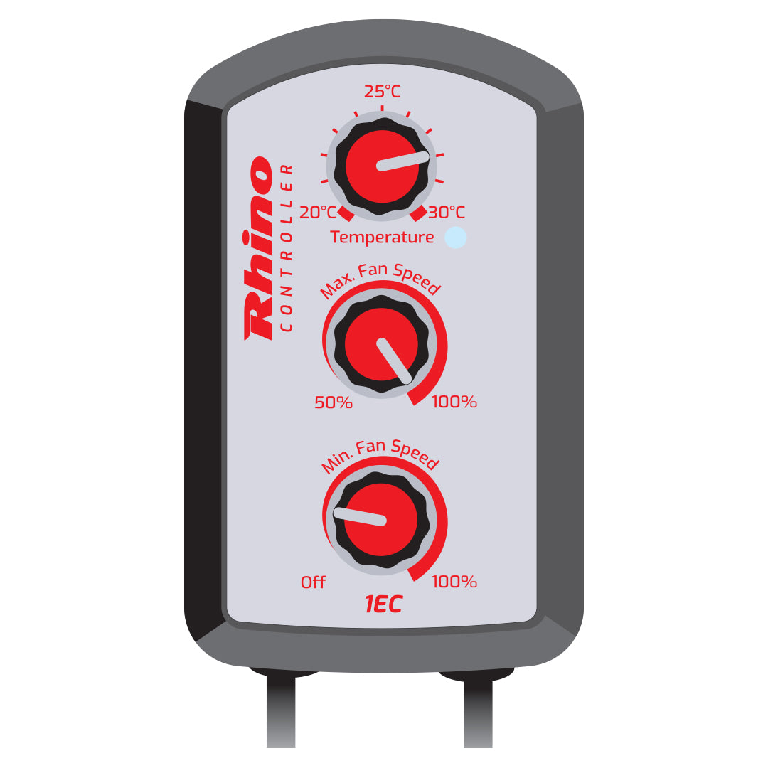 RHINO 1EC fan controller with red dial knobs and illuminated temperature control display