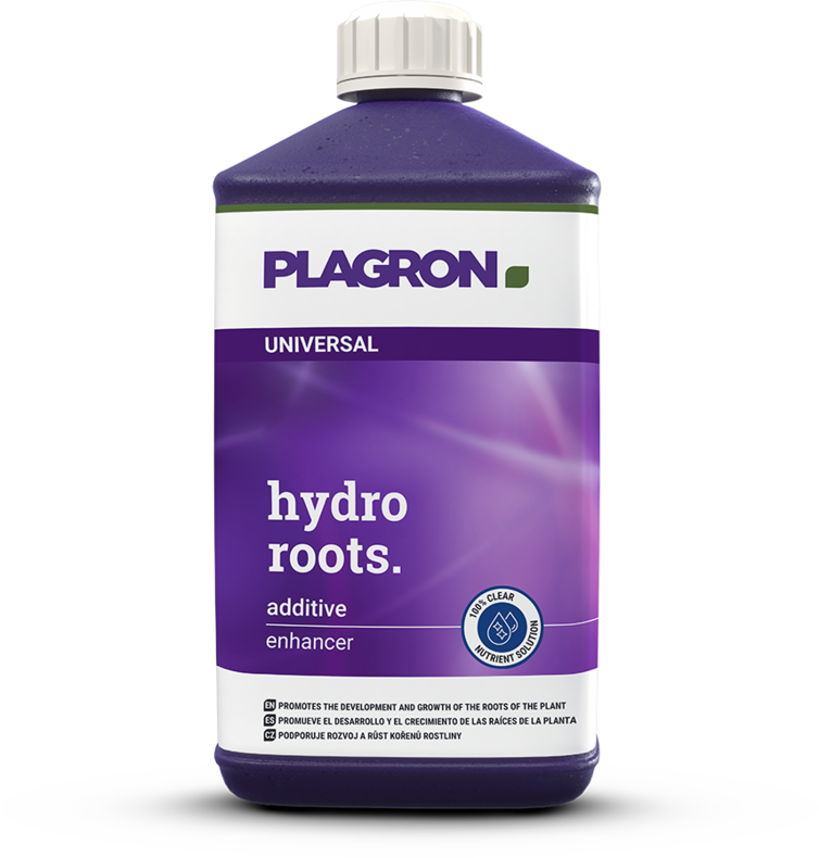 Universal plant additive bottle with white ribbed cap and purple label