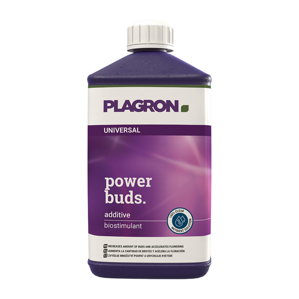 Plagron universal power buds additive bottle, purple bottle with white cap