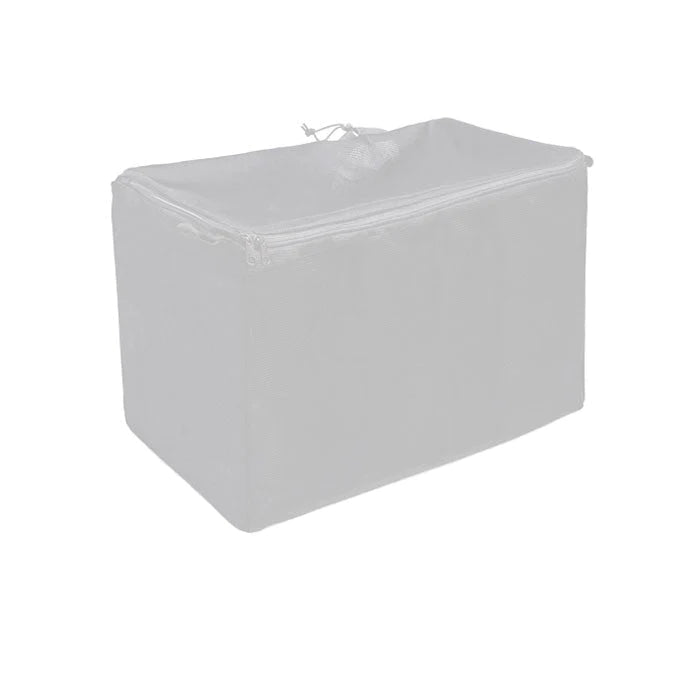 White mesh filter bag with zipper top, rectangular tumbler bag