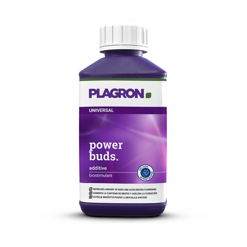 Plagron universal power buds additive bottle, front view with white screw cap