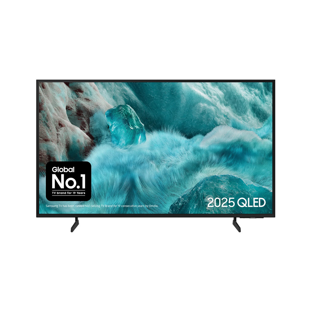 Samsung 55-inch 4K Smart TV with QLED display and dual stands, front view.