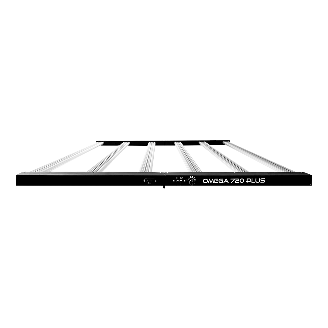 Black LED light fixture front panel with dial and labeled power controls