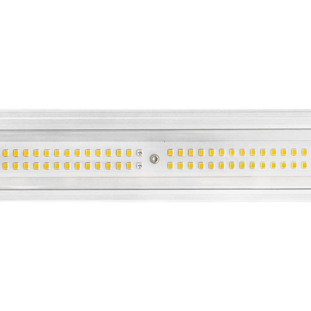 Close-up of LED strip showing yellow diodes across silver housing