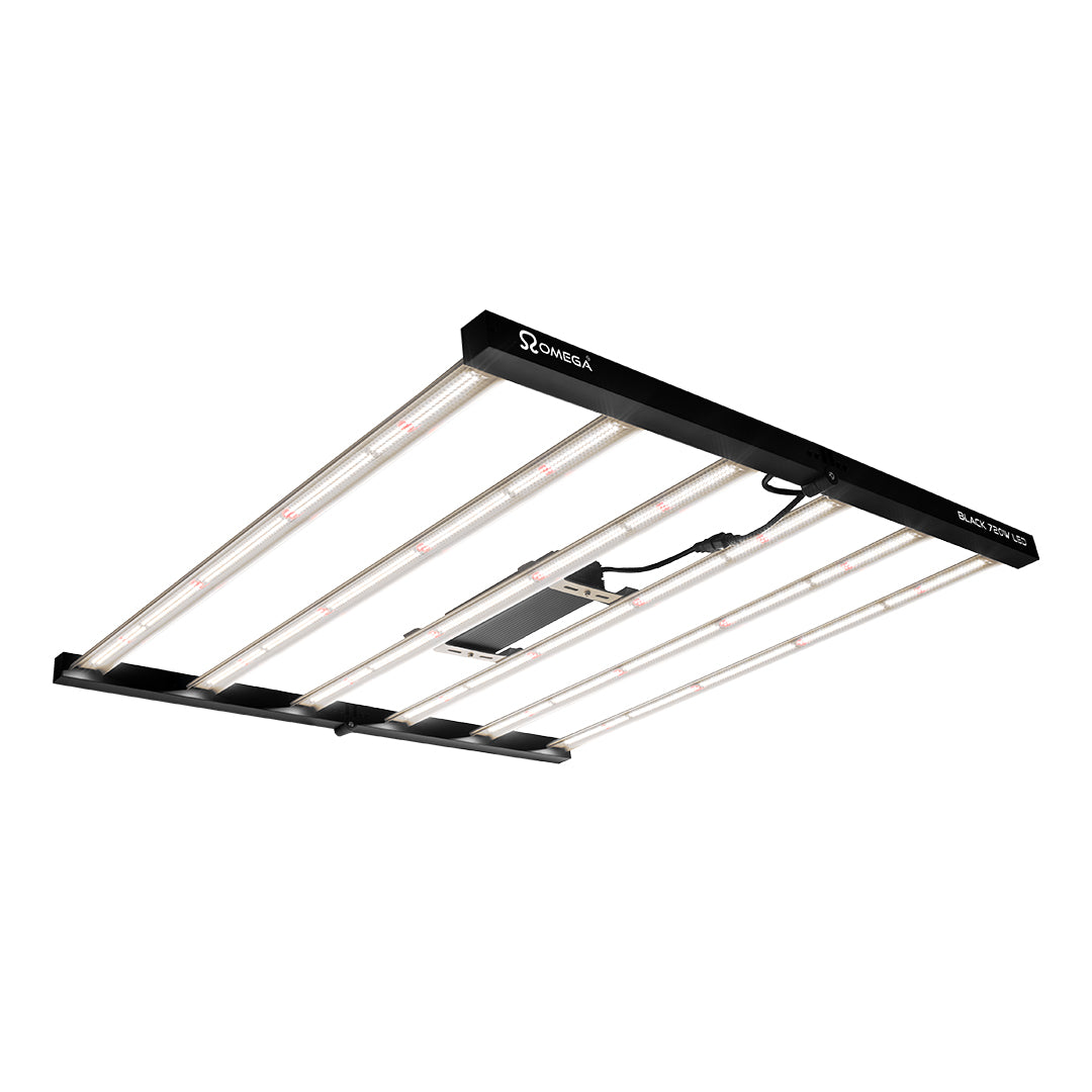 Black LED grow light kit with long bar tubes and metal frame, with mounting legs
