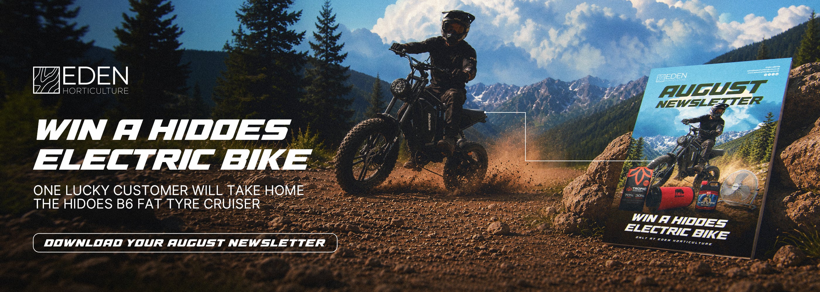 Eden's August Newsletter propped against large rocks in a mountain setting. Win a Hidoes Electric Bike.