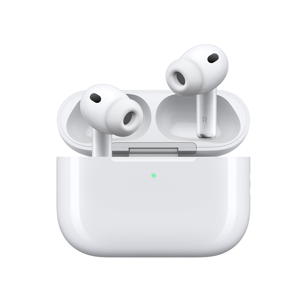 Apple AirPods Pro white earbuds with open charging case, one earbud marked R