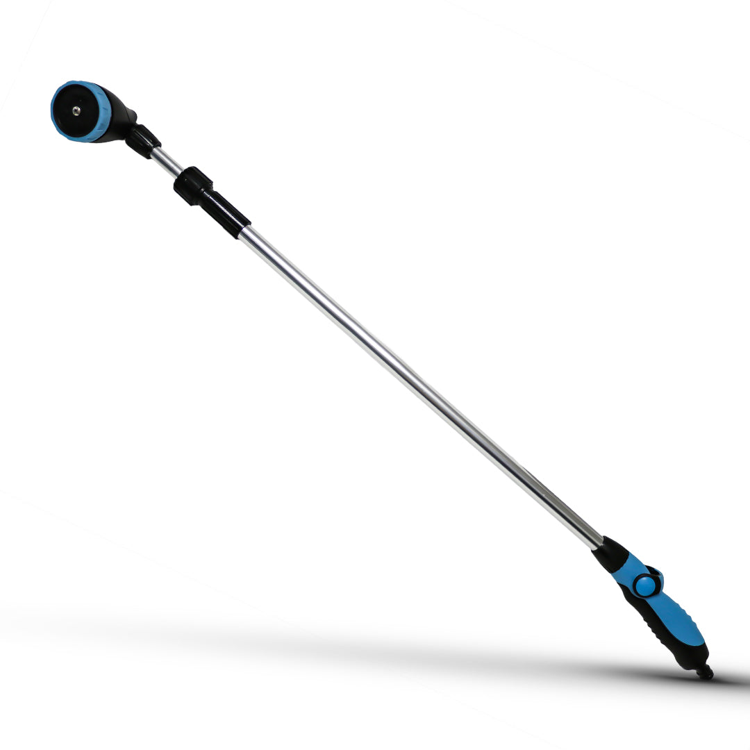 Telescopic spray lance with blue and black handle and silver extension shaft