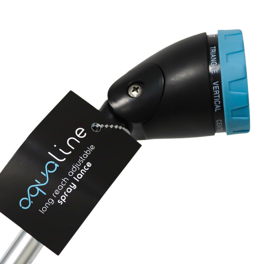 Spray lance nozzle with blue collar and black product tag at the head