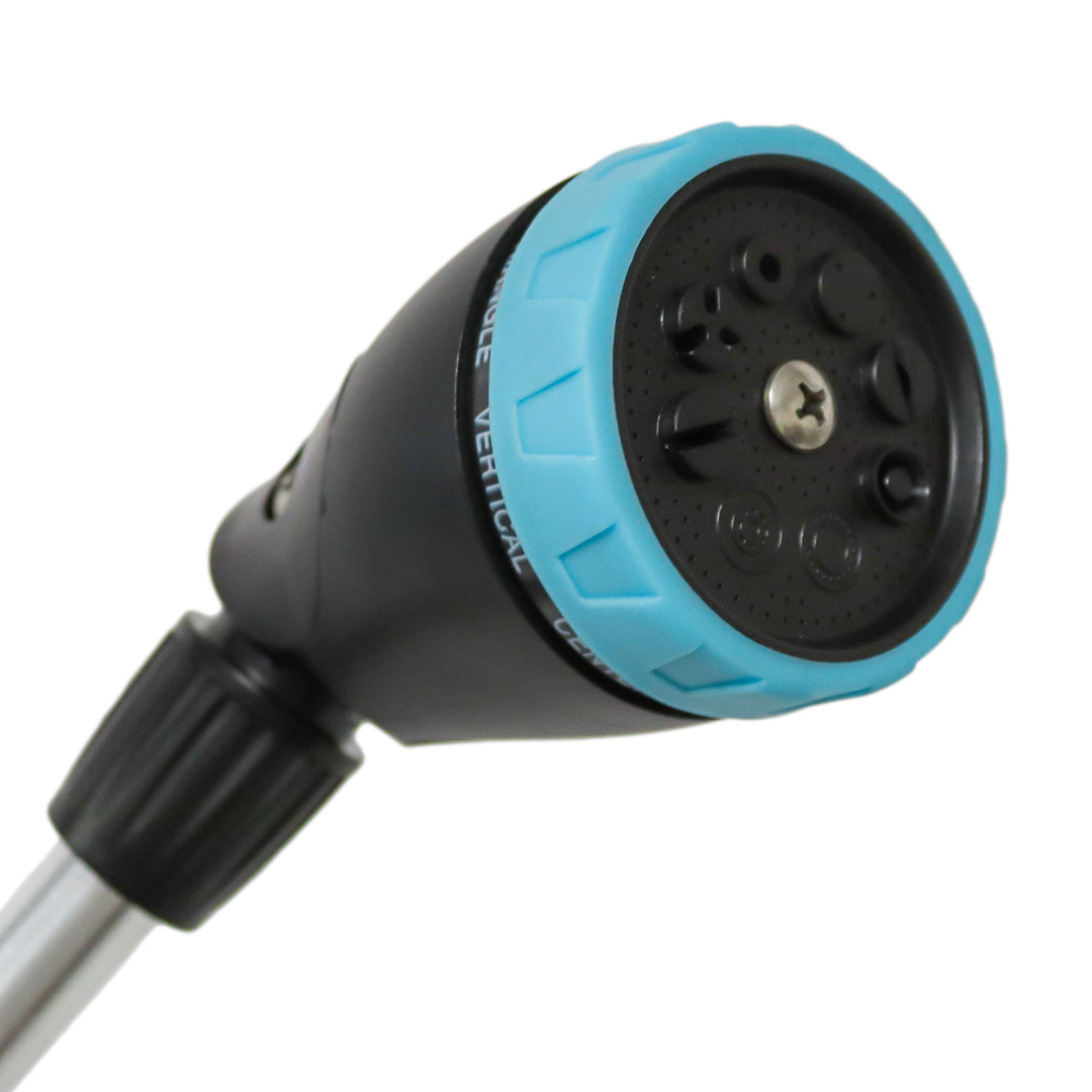 Round spray nozzle head with blue collar and multi-hole face, black end