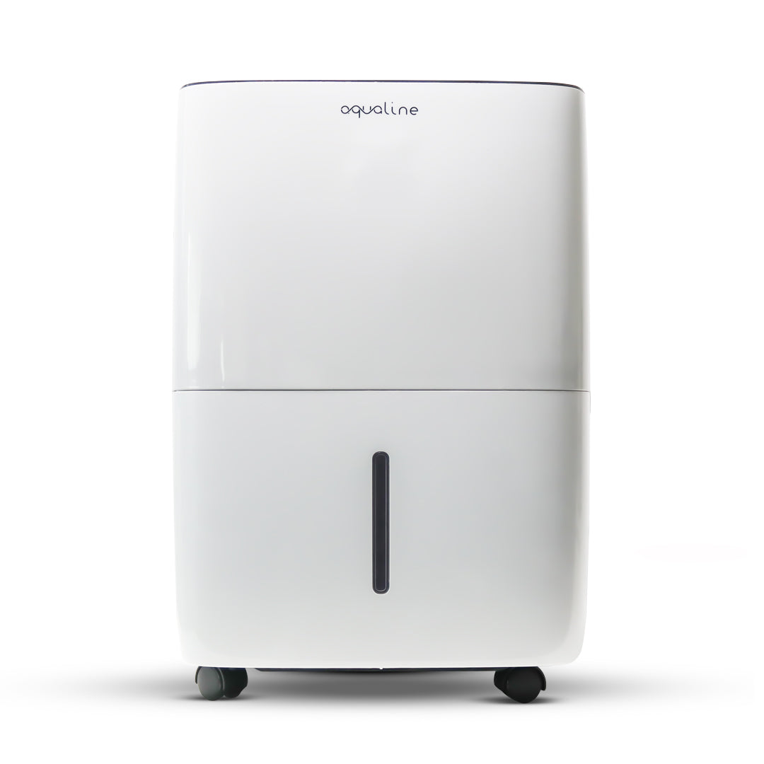 White Aqualine dehumidifier with front water-level window and wheels