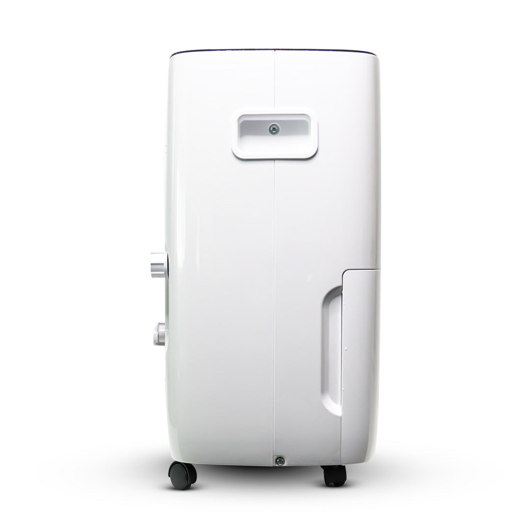 White dehumidifier with front handle and top air outlet