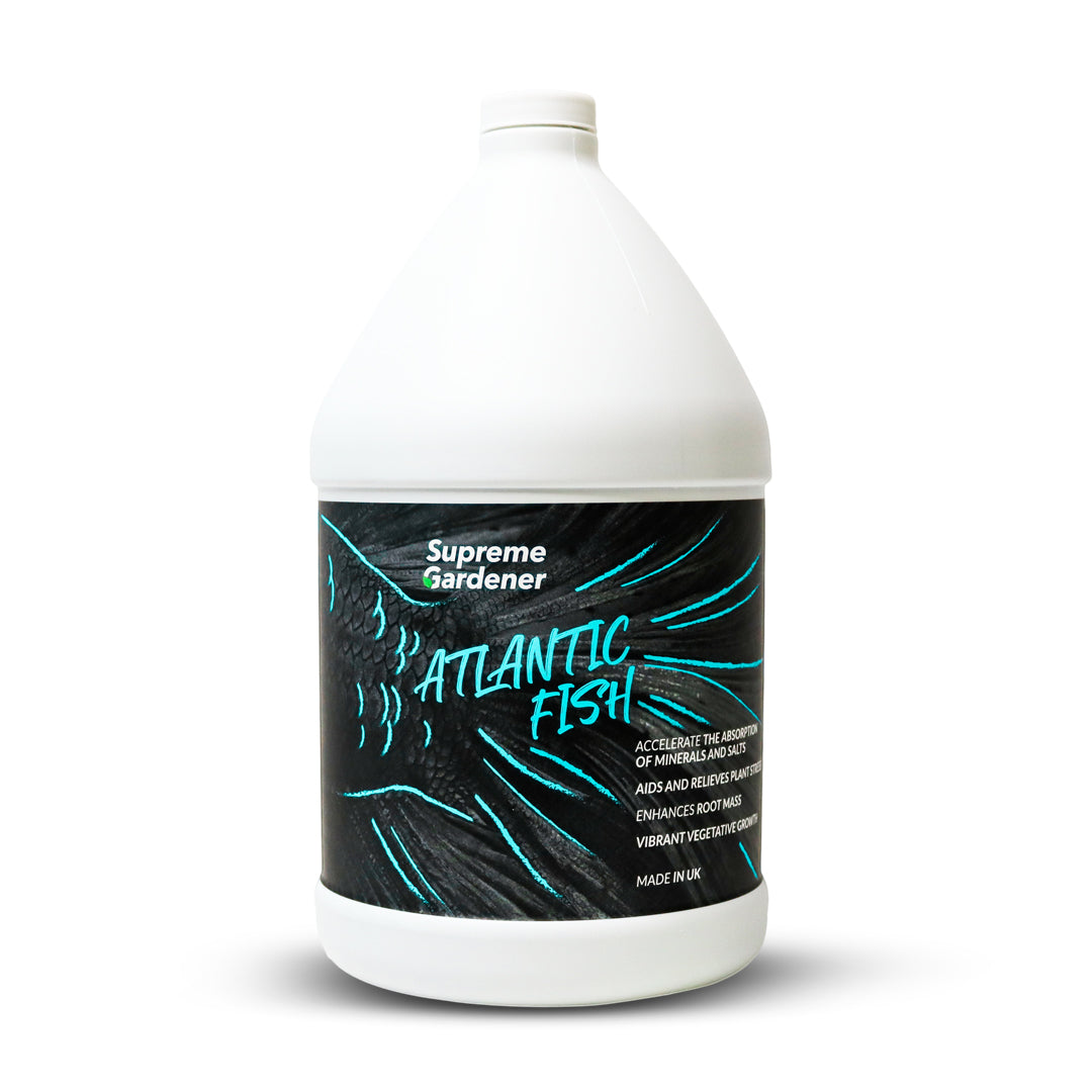 Supreme Gardener Atlantic fish fertiliser, large white bottle with black label and blue lettering