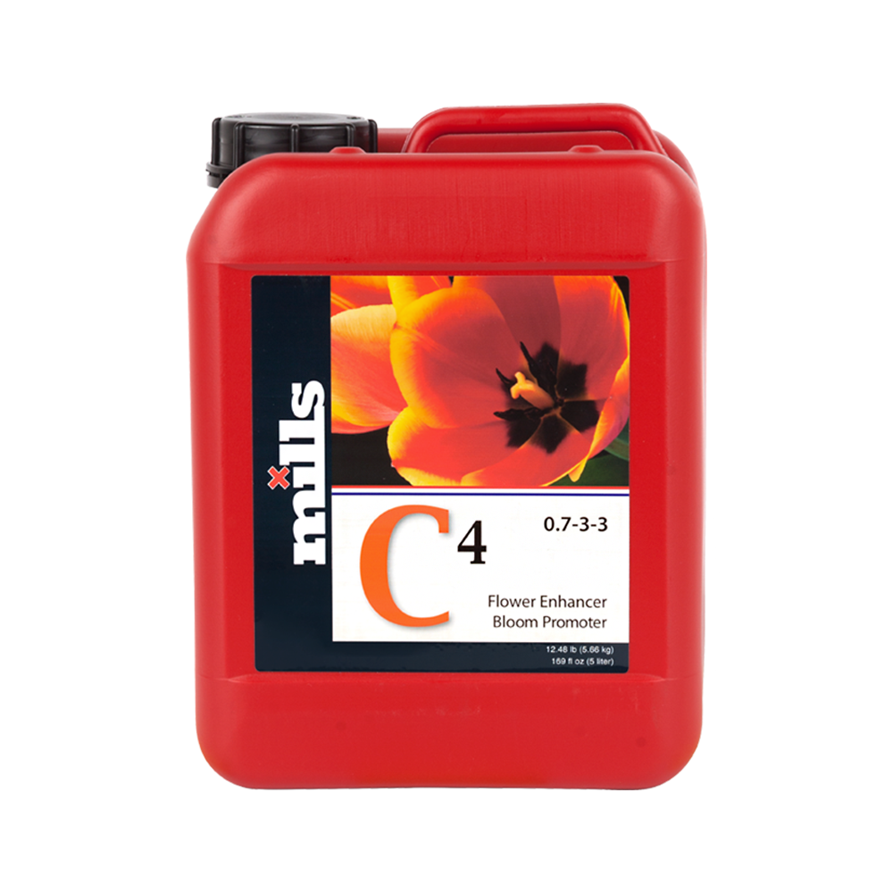 Red plastic bloom promoter jug with handle, large label, and twist cap