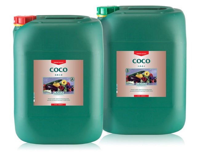 Two green plastic Coco jerry cans with back labels, red caps on top.