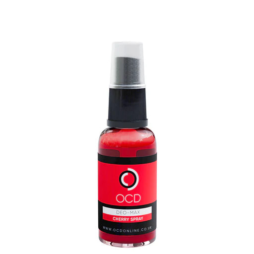 Deo-Max pocket spray bottle, cherry scent, red bottle with clear pump nozzle